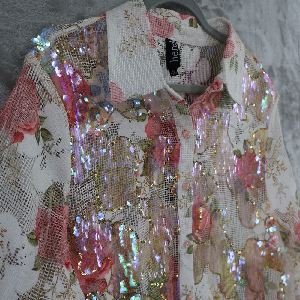 Berek Floral Mesh Sequined Top Womens XL White High-Low Maximalism $199 NWT - Picture 13 of 16